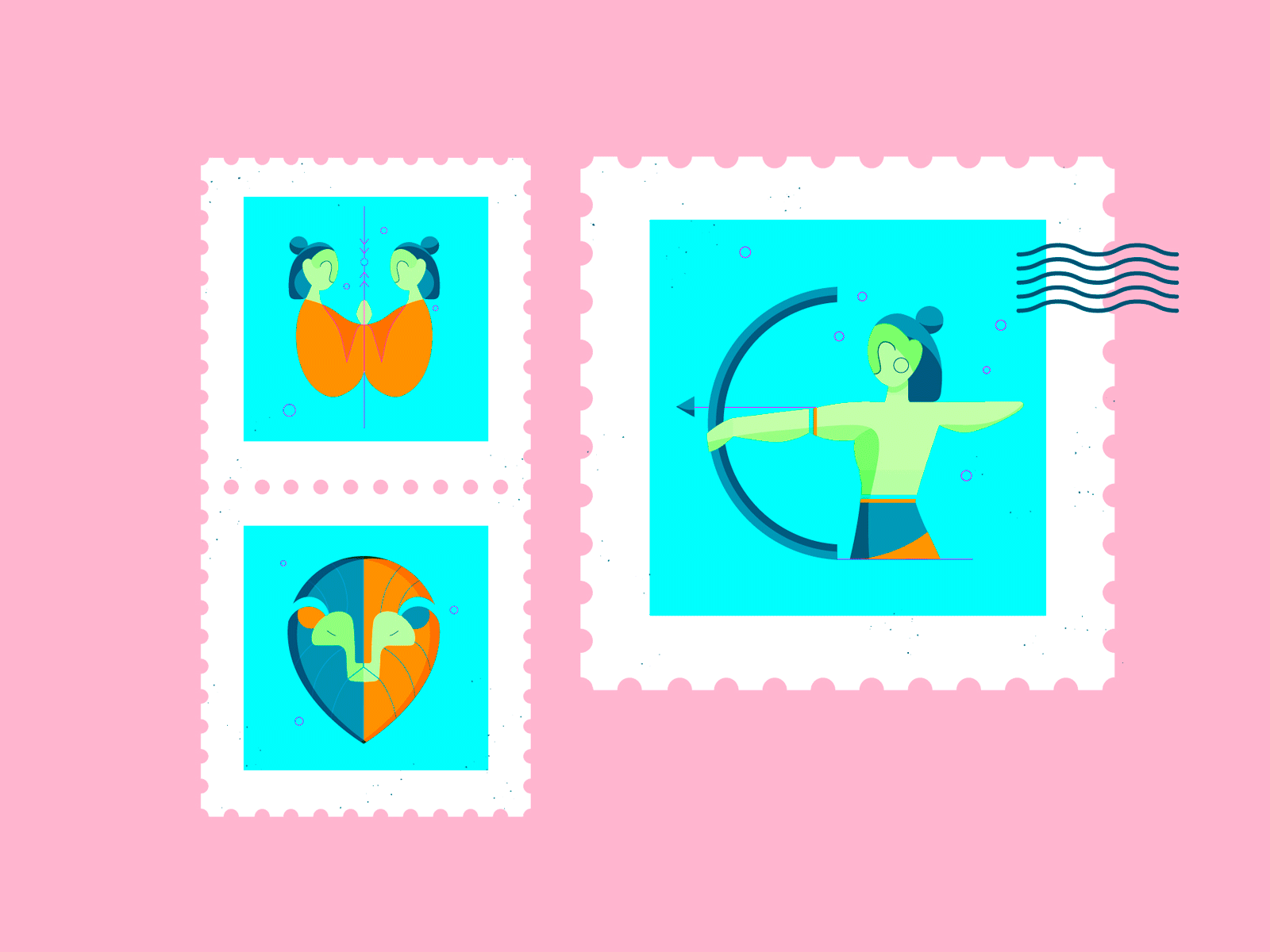 Stamps animals astrology branding character design faces flat horoscope illustration postage print simplistic stamp stamps woman zodiac