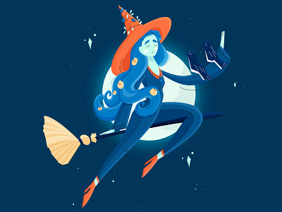 Witch🌙 artwork blue broomstick character crow design flat flying girl halloween illustration illustrator magical moon night october vector witch woman