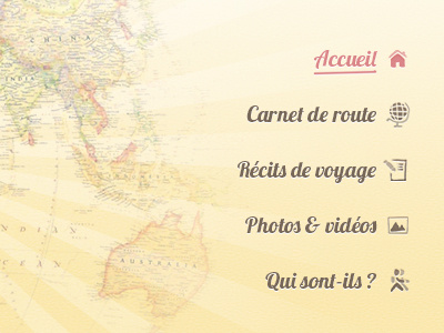 Header and navigation adventure around the world trip blog header home icons interface map menu navigation navigation column sidebar tour du monde travel trip ui vertical vertical navigation vintage webdesign yellow