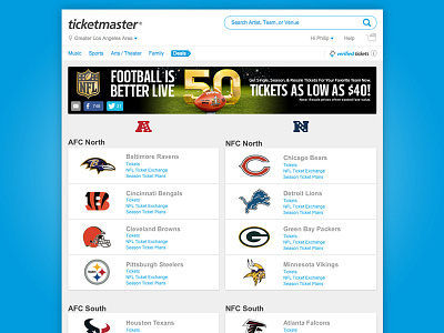 NFL Tickets on Ticketmaster (Desktop) material ticketmaster ui user interaction ux visual design