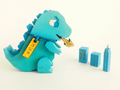 Godzilla Toy! art arttoy blue buildings childhood color design godzilla kid lasercut lighting love nostalgia toy turquoise vector wood