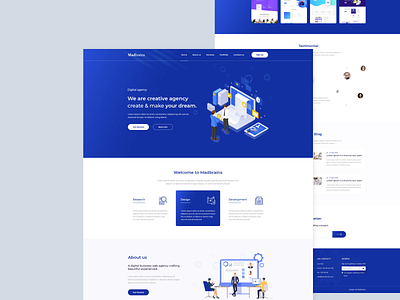 Landing page design abstract agency agency website agenda animation app blue and yellow design creative design illustration madbrains typography ui uidesign uiux website