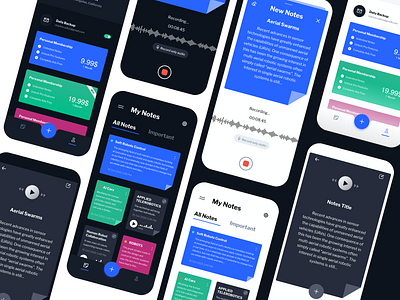 Speech into Notes Application app audio black black white conversation import mobile ui mobile uiux notes reader recognition save speech tesk texture ui screens ux design voice