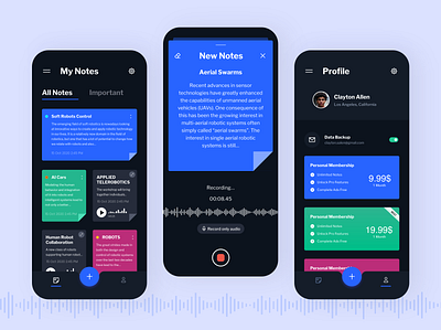 Speech into Text Notes Application audio blue cards layout membership mobile app notes payment pricing recording speech task ui ux design ui design