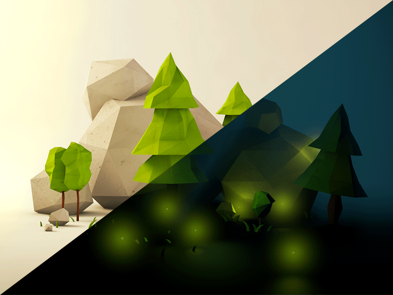 Day / Night boulder c4d firefly forest model poly render tree