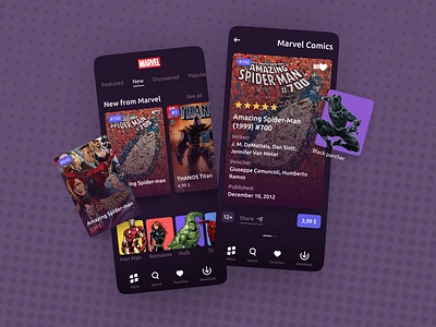 Marvel Comics ui app black panther comics design figma flat hulk ironman marvel mobile spider man thanos ui ux