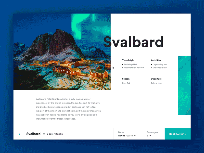 Svalbard, Travel landing page axure detail page firstshot header homepage landing page minimal travel ui ux