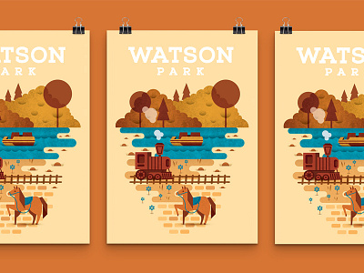 O.J. Watson Park Poster boat illustration park pony rustic train