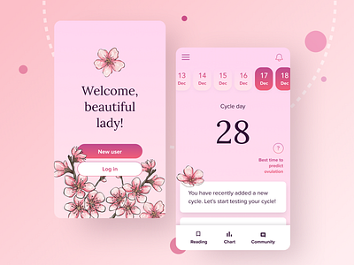 Period tracker app app design app ui application clean design female feminine flat floral health app healthcare illustration mobile pink typography ui ux vector