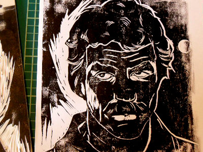 Tom Selleck, half cut. black illustration lino portrait print tom selleck