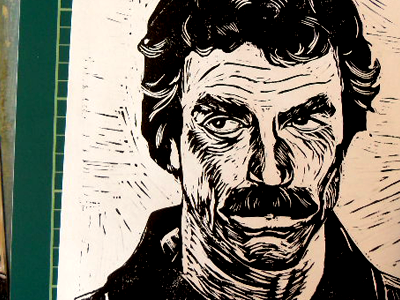 Tom Selleck coming out. black illustration lino portrait print tom selleck