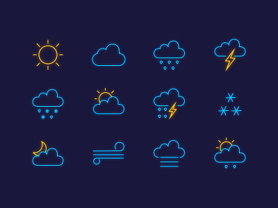 Weather Icons cloud icon icons luminescent moon neon， rain snow sun sunrise weather wind