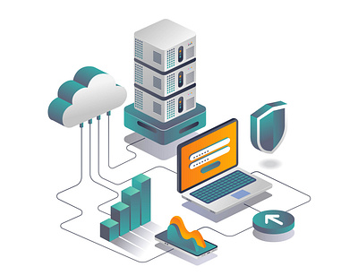 Cloud server data security analysis in isometric design background