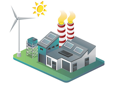 Factory with windmill and solar panels in isometric illustration station