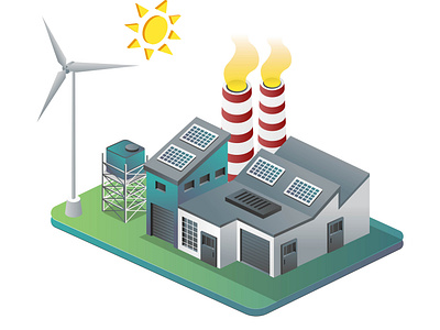 Factory with windmill and solar panels in isometric illustration