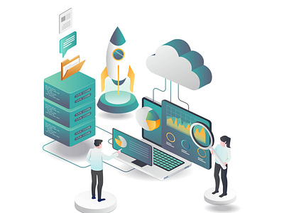 data analytics and rocket launching 3d analytics bigdata character cloud design flat design graphic design home page illustration isometric landing page launching logo modern motion graphics security ui web design webserver