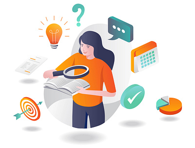 Girls get ideas from looking for information in books 3d book calendar character chat design flat design graphic design home page illustration information isometric landing page logo modern searching ui web design