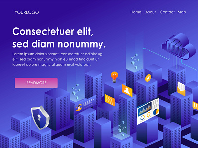 Smart city with analytic data security and cloud server character design flat design graphic design home page illustration lan landing page logo modern ui web design