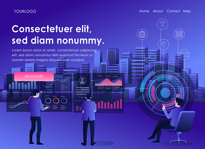 Smart city with technology data analytics and digital transforma character design flat design home page illustration landing page logo modern ui web design