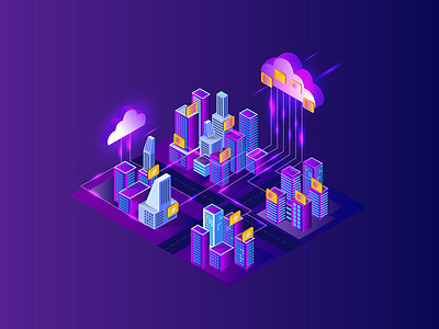 city cloud 01 business character cloud computing consept email design flat design futuristic illustrate illustration isometric landing page landing page design lighting modern server smart city tecnology urban art violet web design