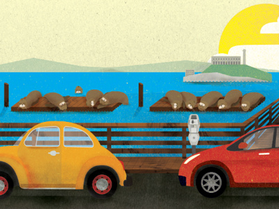 The Wharf advertisement cars illustration san francisco sea lions wharf