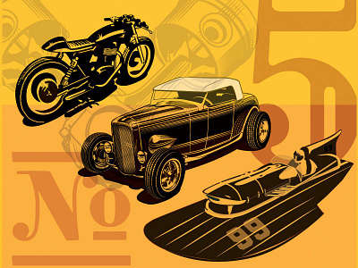 Transport 5 cafe racer car collectible hotrod hydroplane illustration lettering motorcycle numbers retro typography vintage