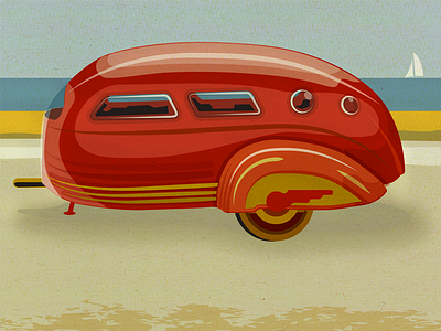Streamliner At The Beach automobile beach camper motorcycle trailer. teardrop travel vintage