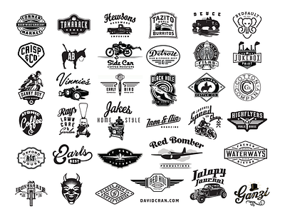 Assorted Logos By Cran bakery bar cafe car devil motorcycle restaurant rocket stove truck vintage