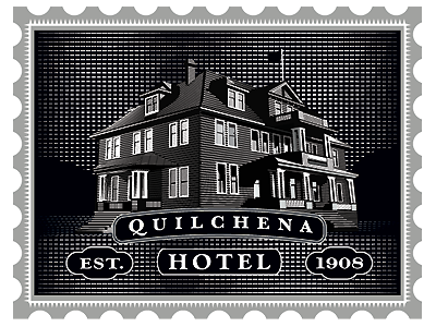 Quilchena Hotel Stamp engraving etching hotel line logo stamp