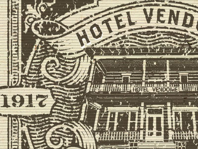 Hotel Vendome Arizona aged engraved hotel logo illustration retro tom mix vintage woodcut