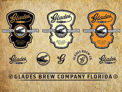 Glades Brew Co. Labels accounting alligator beer brewery chess florida identity label logo oranges script tax vintage