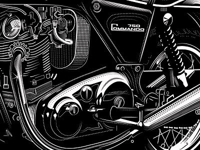 Norton Commando Mid detail engine engraving illustration motorcycle woodcut