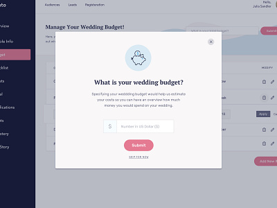 Add Budget Modal budget card dashboard form modal onboarding wedding