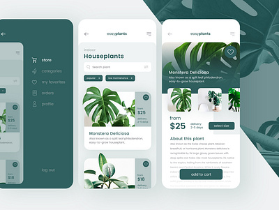 easyplant application app design application application ui branding design graphic design green minimal monstera plant store ui ux webshop