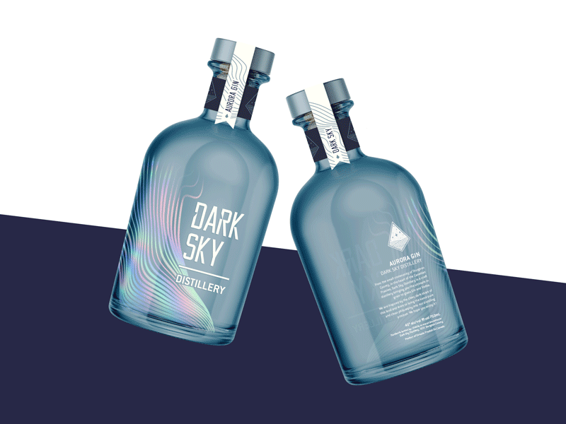 Aurora Gin for Dark Sky bottle branding design glow in the dark label logo package spirits typography