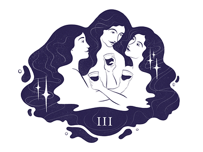 Three of Cups femme illustration magic monochrome procreate tarot women