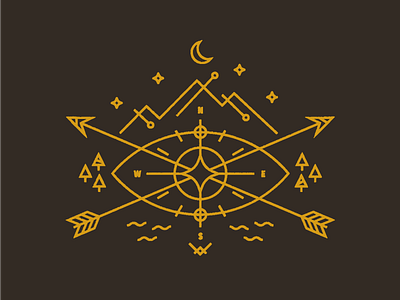 ↑ → ↓ ← arrow compass eyeball illustration moon mountain star tree water