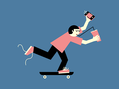 Multi-tasking character chat flat illustration man phone skate skateboarding slurpee vector