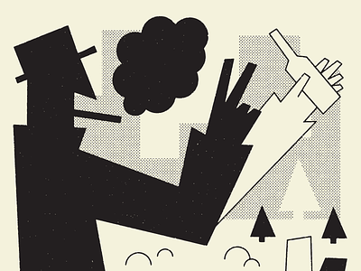There he sits with a bottle in hand. art bottle depth fun halftone illustration midcentury skyline smoke texture trees