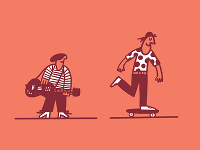 A rocker and a roller character guitar illustration music nonecks polkadot pusher rockandroll skateboarding