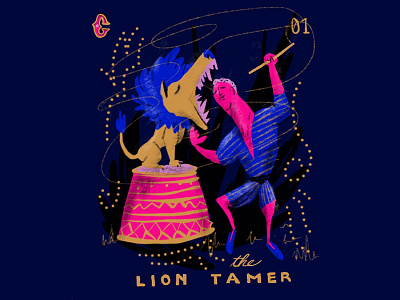 The Lion Tamer blue character illustration circus illustration lion lion tamer pink type typography