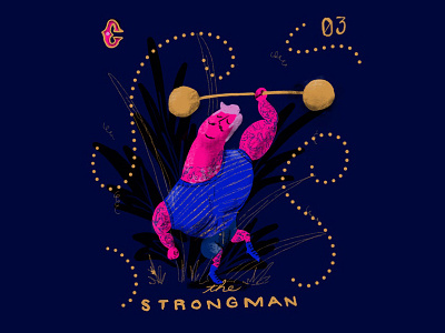 Strongman blue character illustration circus illustration lion pink strongman type typography