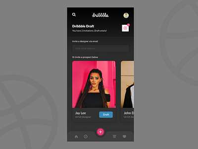 Dribbble app redesign concept - 2x invite screen 2invites 2x android app dark darkui draft dribbble interface invite ios material minimal new redesign ui updated