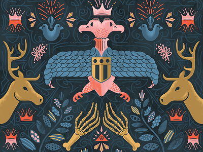 WIP bird crown deer eagle hands illustration