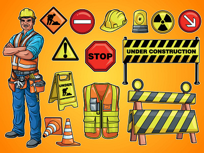 Construction Pack Illustration civil helmet safety illustration reminder board safety vest vector