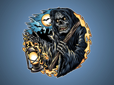 grim reaper illustration carrying a lantern to the grave