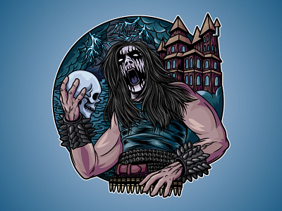 black metal band holding skull with castle illustration flat illustration vector