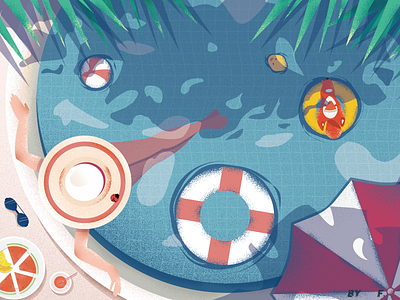 summer ball girl illustration life buoy squirrel sunglasses sunshade swimming pool watermelon yellow duck