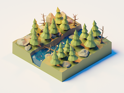 Forest stream diorama 3d blender diorama forest illustration isometric low poly stream trees