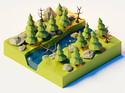 Forest stream (2022) 3d 3d art blender blender3d cg art diorama forest game design illustration isometric low poly nature polygon runway render stream